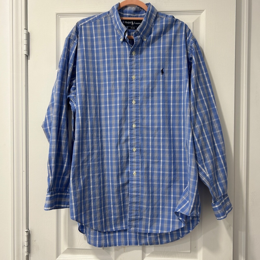 Polo Ralph Lauren‎ Men Large Oxford Button Down Shirt L/S Blue Plaid Blake
